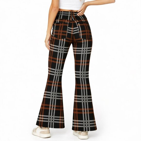 American Eagle Plaid Bootcut Flare Pants | Super High Rise | Black & Brown - Picture 2 of 4